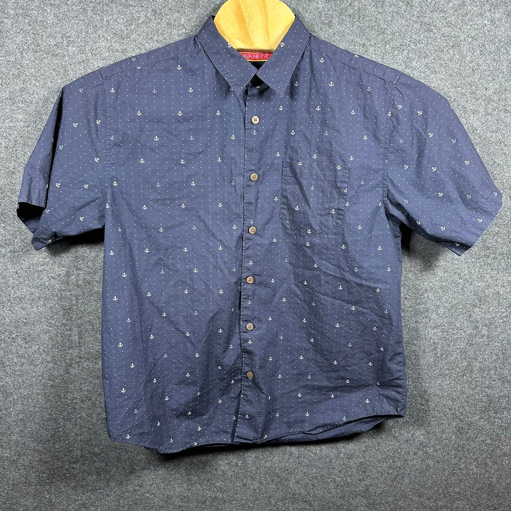 Havanera Co Mens Large Navy Blue Anchor Print Cotton Short Sleeve Button Down